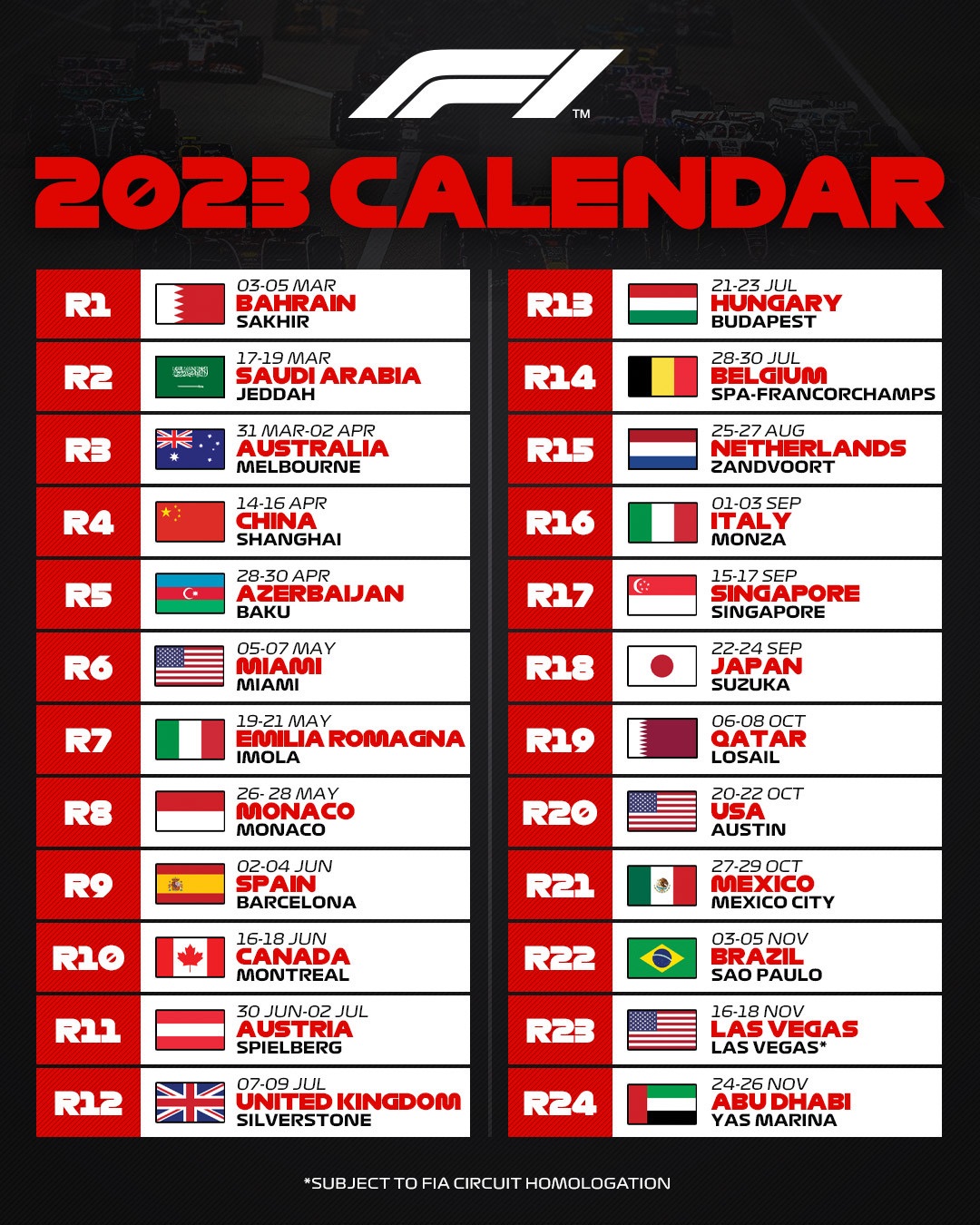 Fórmula 1 anuncia calendário de 24 corridas para a próxima temporada
