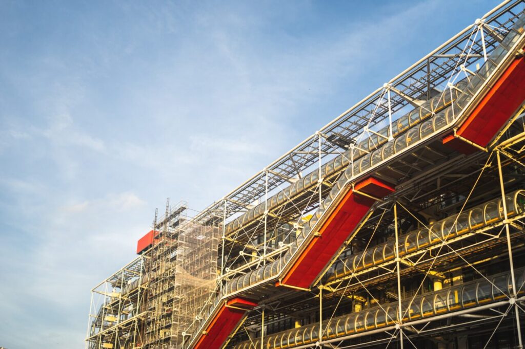 Centre Pompidou under a blue sky and sunlight during daytime in Paris in France