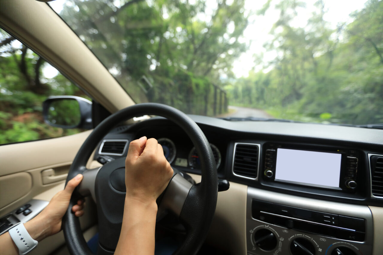 People driving car on country road toot the horn before run into a sharp turn