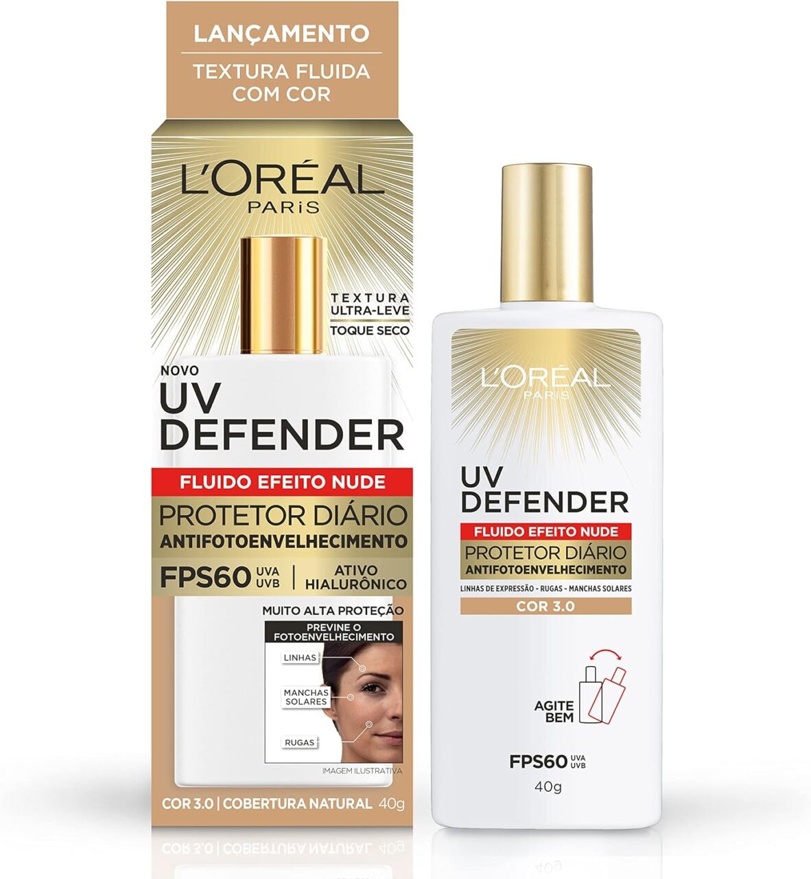 Protetor Solar Facial L'Oréal Paris UV Defender Fluido FPS 60 Cor Média 3.0, 40g