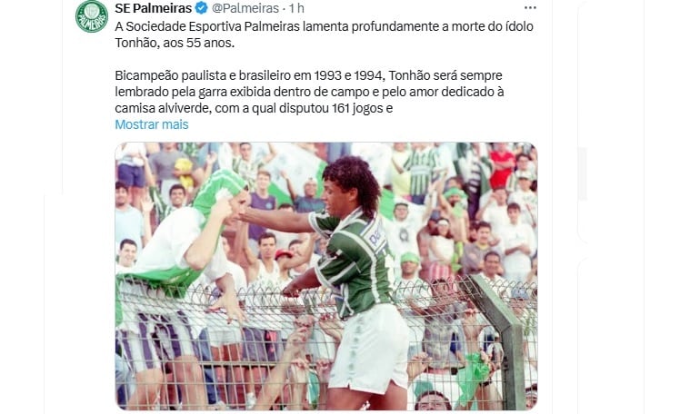 Palmeiras lamenta morte de Tonhão