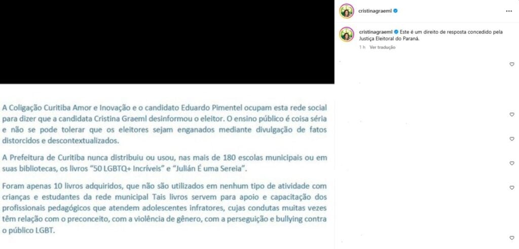 instagram cristina direito de resposta pimentel